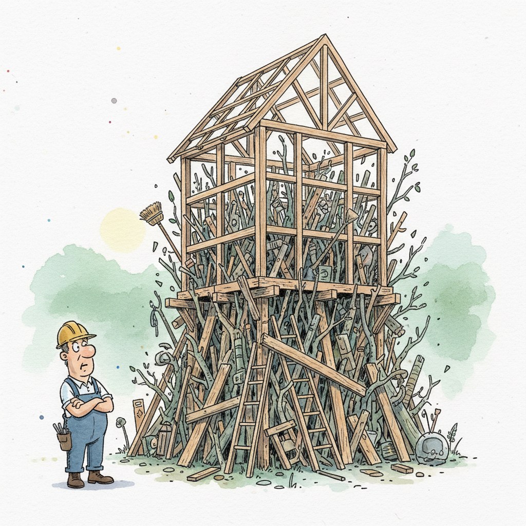 Štíhlý dřevěný skelet domu podepřený lesem stojek, dělník se zkříženýma rukama přihlíží.