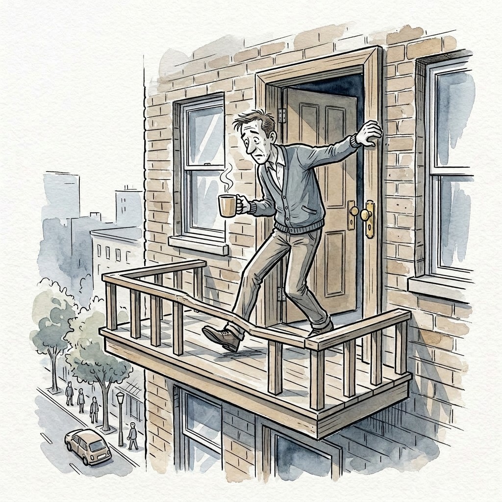 Vysoký muž s hrnkem vychází na balkon ve vyšším patře, zábradlí mu sahá jen ke kolenům a on se druhou rukou drží zárubně.