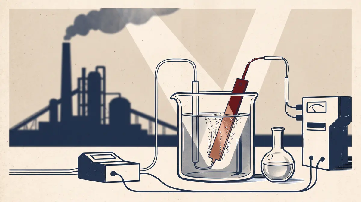 Ilustrace laboratorní elektrochemické cely se slunečním světlem dopadajícím na měděnou elektrodu