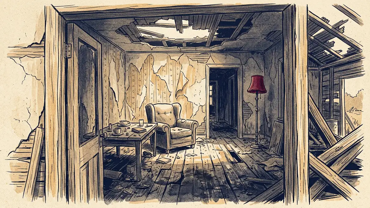Ilustrace interiéru opuštěného dřevěného domu s propadlým stropem, odchlípenou tapetou a nábytkem ponechaným na místě
