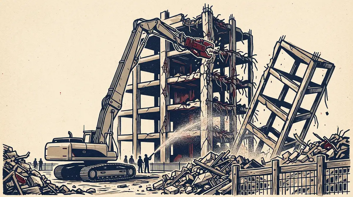 Torzo železobetonové výškové budovy po požáru, sloupy s odprýskaným betonem a obnaženou výztuží, pásový bagr s hydraulickými nůžkami rozebírá poslední patra, v popředí hromady tříděné sutě.