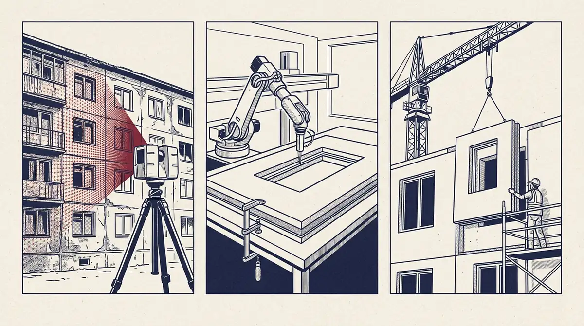 Fasáda starého bytového domu, před ní skener na stativu kreslí po zdi a oknech síť bodů. Vedle robotické rameno v dílně ořezává izolační dílec s výřezem pro okno a jeřáb spouští hotový dílec k fasádě, kde ho drobné postavy na lešení osazují.