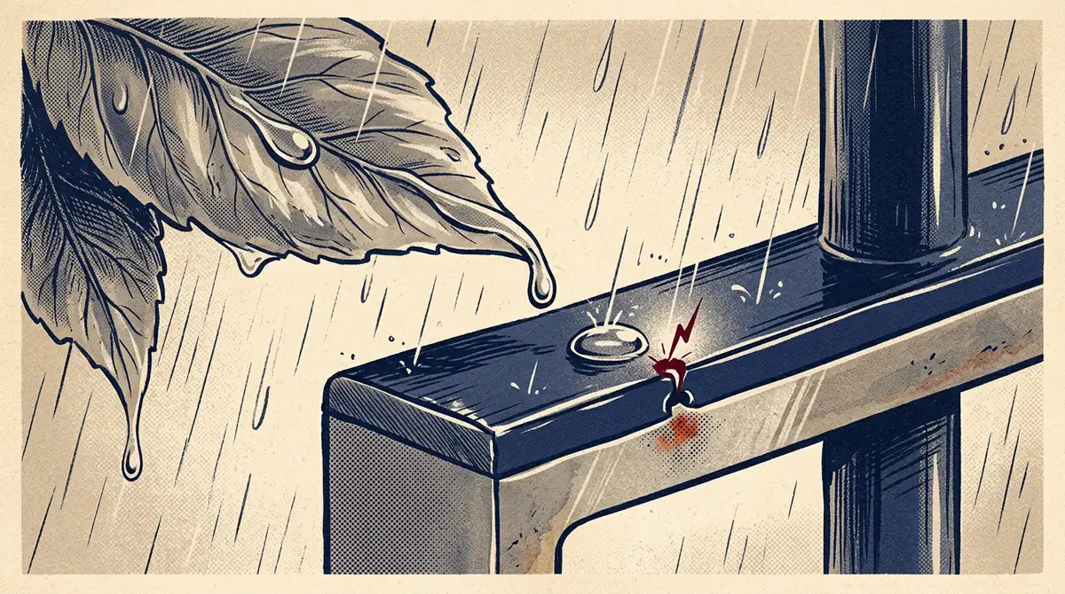 Kapka vody stéká z listu nad natřeným kovovým zábradlím. Druhá kapka dopadá na lesklý nátěr, v místě dopadu přeskakuje drobná jiskra a pod nátěrem začíná rezavět kov.