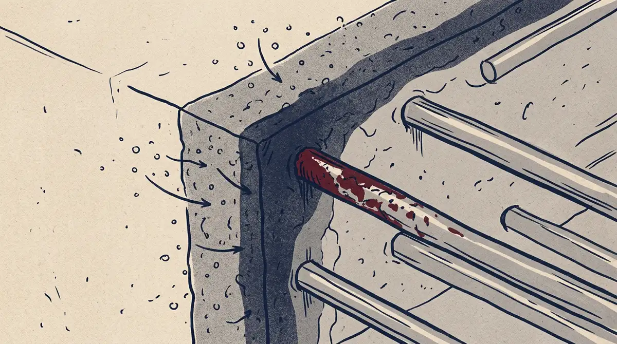 Řez betonovým blokem s ocelovou výztuží. Od povrchu postupuje dovnitř tmavší pásmo karbonatovaného betonu a na jednom prutu výztuže, kam pásmo dosáhlo, je červená rez.