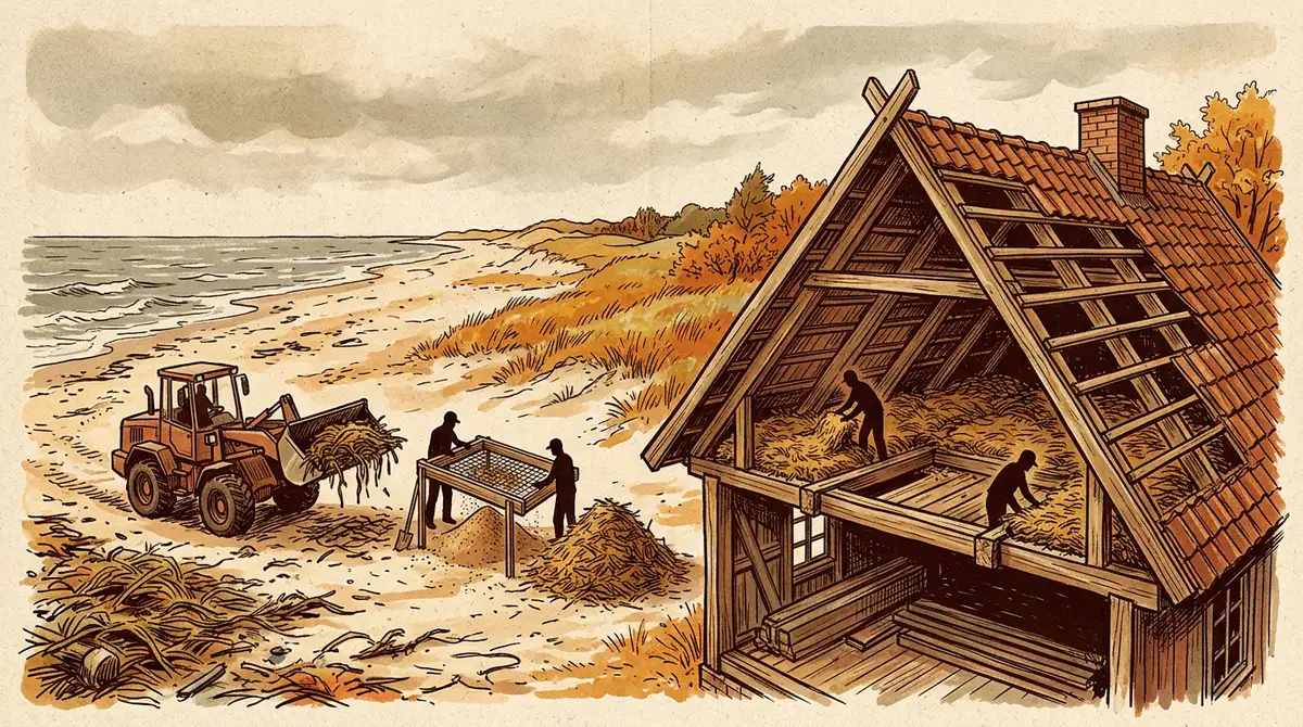 Ilustrace pláže, kde nakladač sbírá naplavenou mořskou trávu, síto ji odděluje od písku a v podkroví domu se ukládá jako izolace mezi krokve.