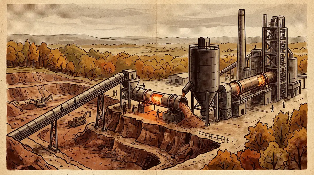 Ilustrace cementárny u jílového lomu: dopravník vede jíl do rotační pece, ve které se pálí, vedle stojí sila a větší pec na slínek.