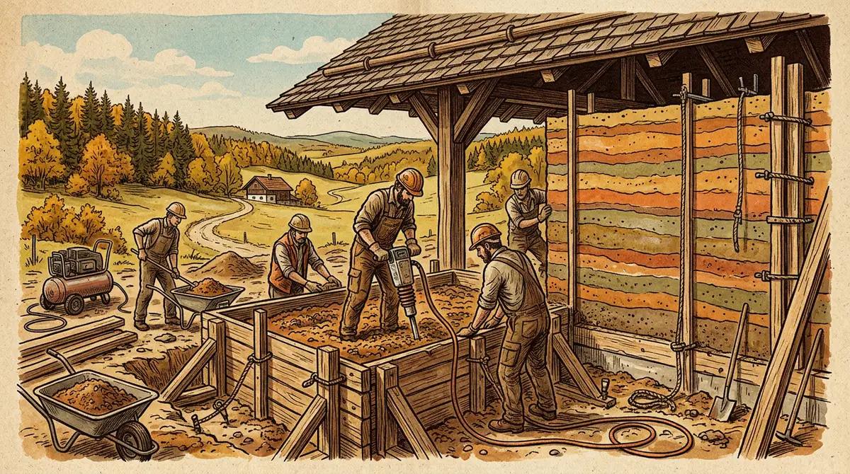 Ilustrace stavby stěny z dusané hlíny: dělníci hutní zeminu pěchovačem v dřevěném bednění, hotová stěna má vodorovné vrstvy a krytí střechou.