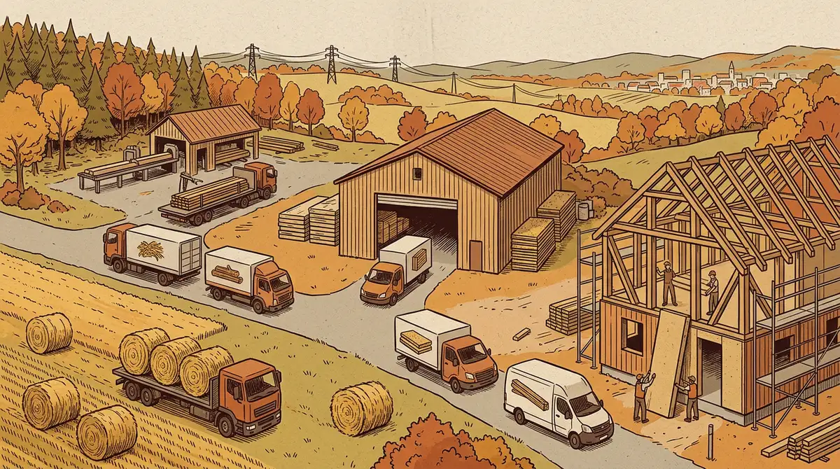Ilustrace dodávek přírodních stavebních materiálů: balíky slámy z pole a řezivo z pily jedou na nákladních autech do skladu a odtud na dřevostavbu.
