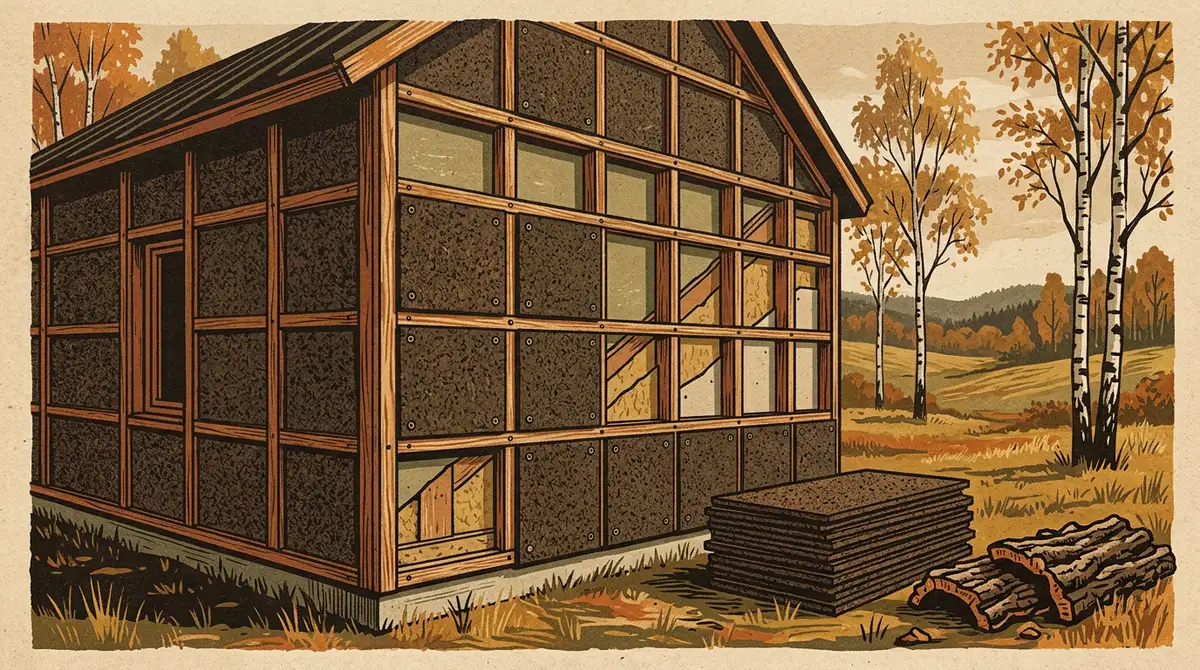 Ilustrace domu s větranou fasádou z tmavých korkových desek na dřevěném roštu, vedle leží stoh desek a korková kůra.