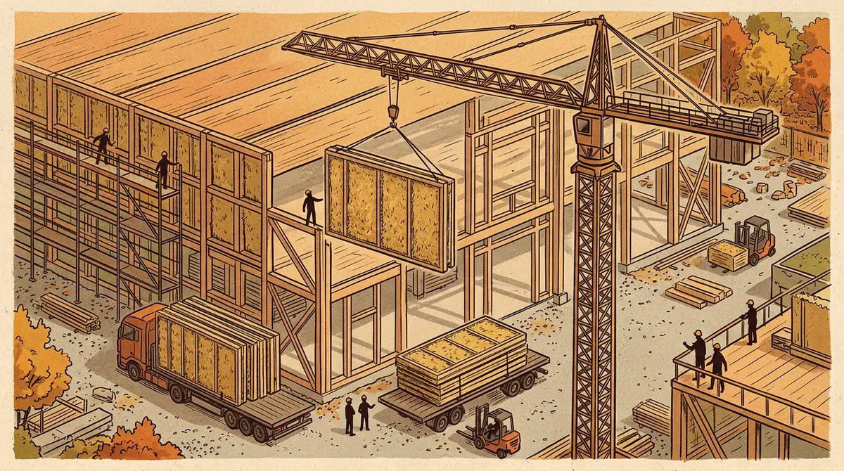 Ilustrace stavby velké dřevěné haly, kde jeřáb osazuje prefabrikovaný stěnový panel se slámou a nákladní auto přiváží další panely.