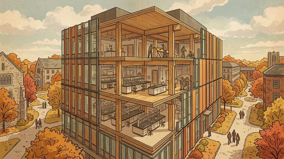 Ilustrace šestipodlažní budovy s dřevěným skeletem z lepených sloupů a stropů z CLT, v řezu jsou vidět laboratorní stoly.