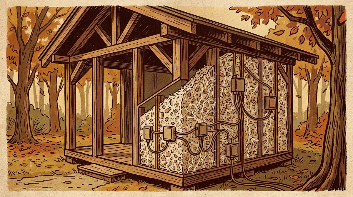 Ilustrace dřevěného pavilonu v lese, v jehož stěně jsou desky z podhoubí a pilin a čidla s kabely, která měří teplotu a vlhkost.