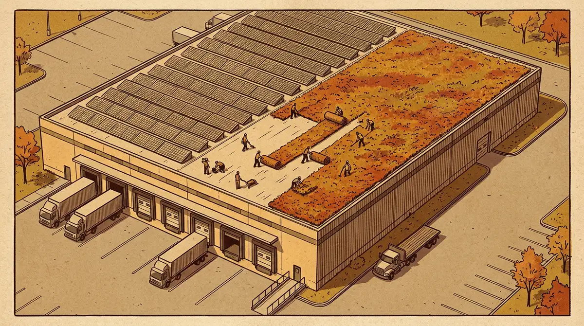 Ilustrace ploché střechy velkého skladu, kde dělníci rozvinují vegetační rohože vedle řad fotovoltaických panelů.