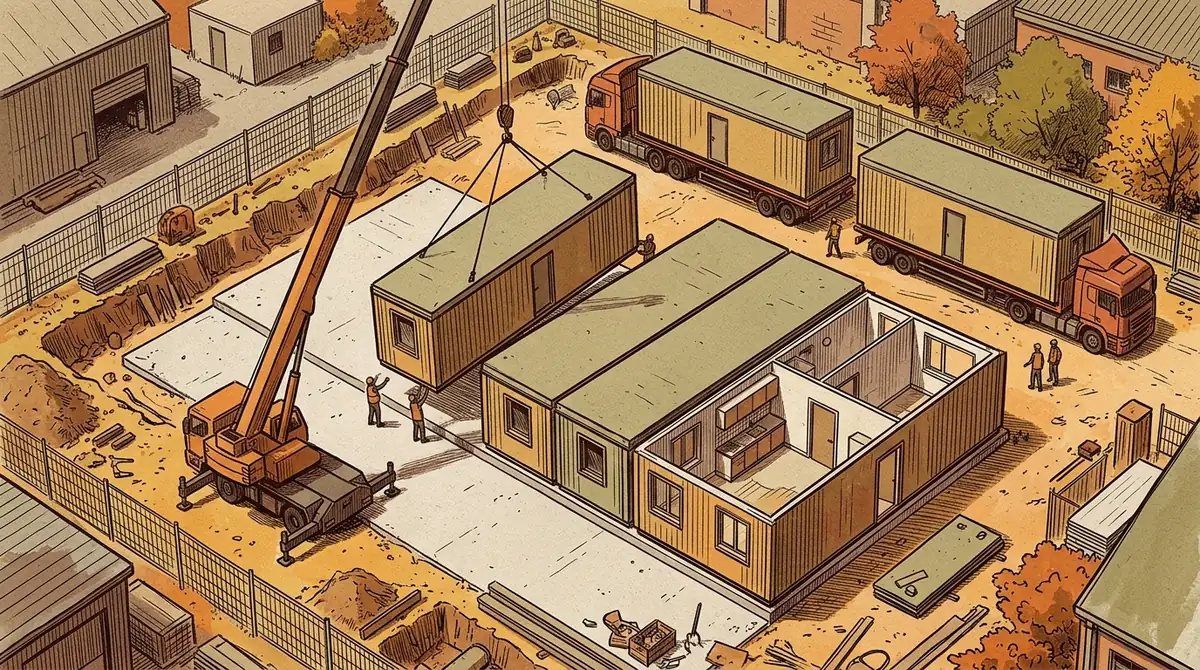 Jeřáb spouští dlouhý prefabrikovaný modul na hotovou betonovou desku, vedle už stojí další moduly spojené do budovy, jeden z nich je v řezu s hotovým interiérem a na návěsech čekají další.
