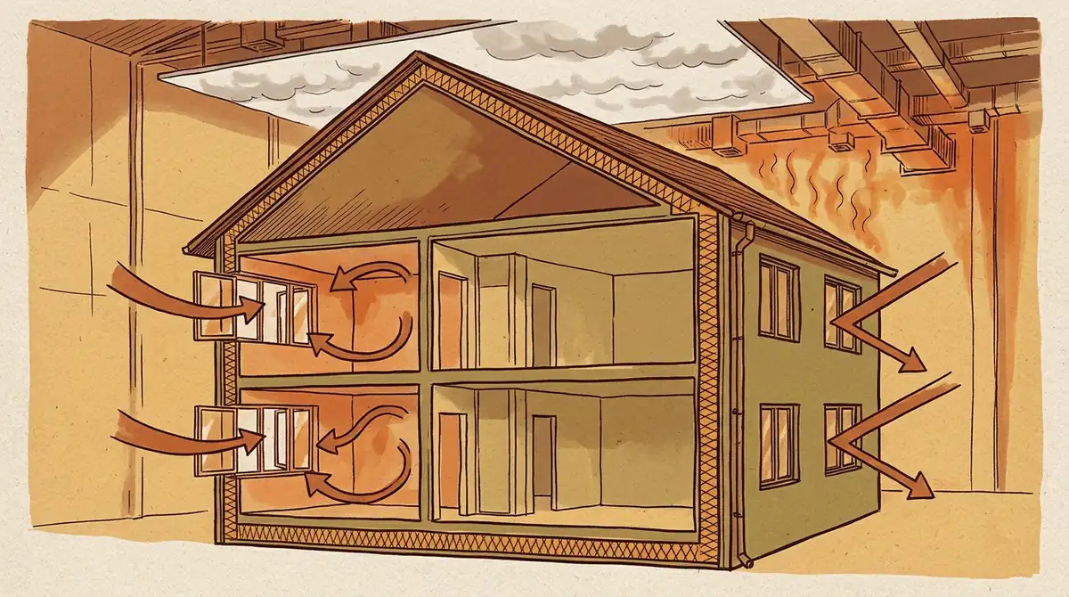 Rodinný dům v řezu stojí uvnitř velké haly klimatické komory s ohřívači pod stropem: v jedné polovině domu jsou okna otevřená a dovnitř proudí šipky horkého vzduchu, ve druhé jsou okna zavřená a horký vzduch zůstává venku za stěnou, oblohu nahrazuje zatažený strop bez slunce.
